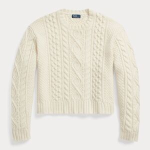 Ralph Lauren Aran-Knit Wool-Blend Crewneck Sweater in Cream